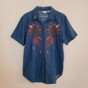 Vintage Denim Corduroy Fall Leaves Button Down Shirt S